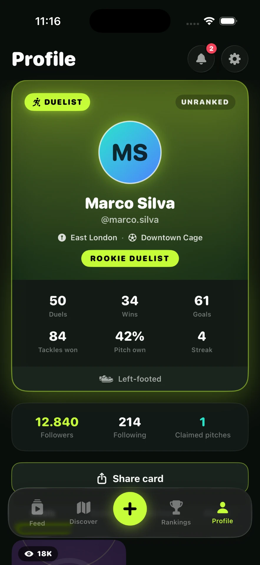 IFBL profile screen with duel stats