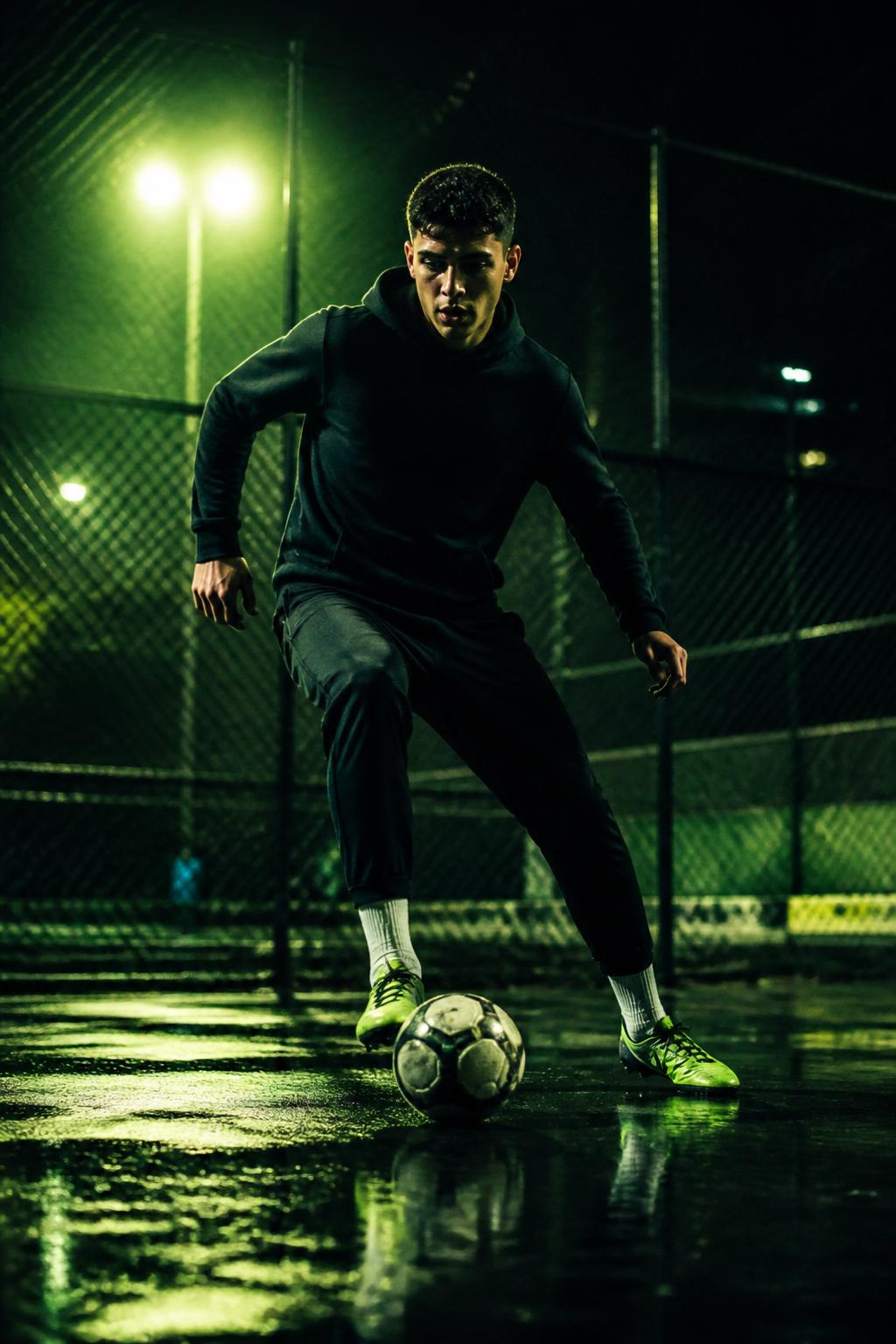 Street football duelist controlling the ball under floodlights