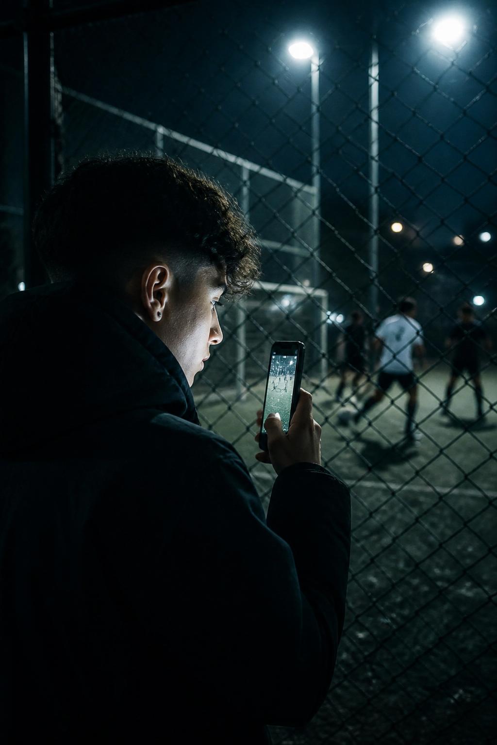 Fan filming a street football match through a chain-link fence at night
