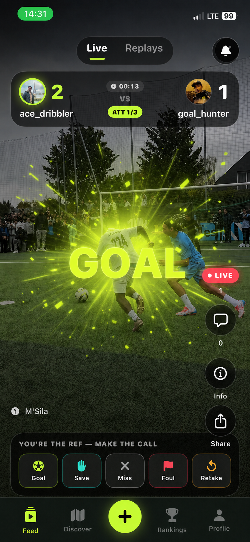 IFBL app live match feed showing a goal during a 1v1 duel